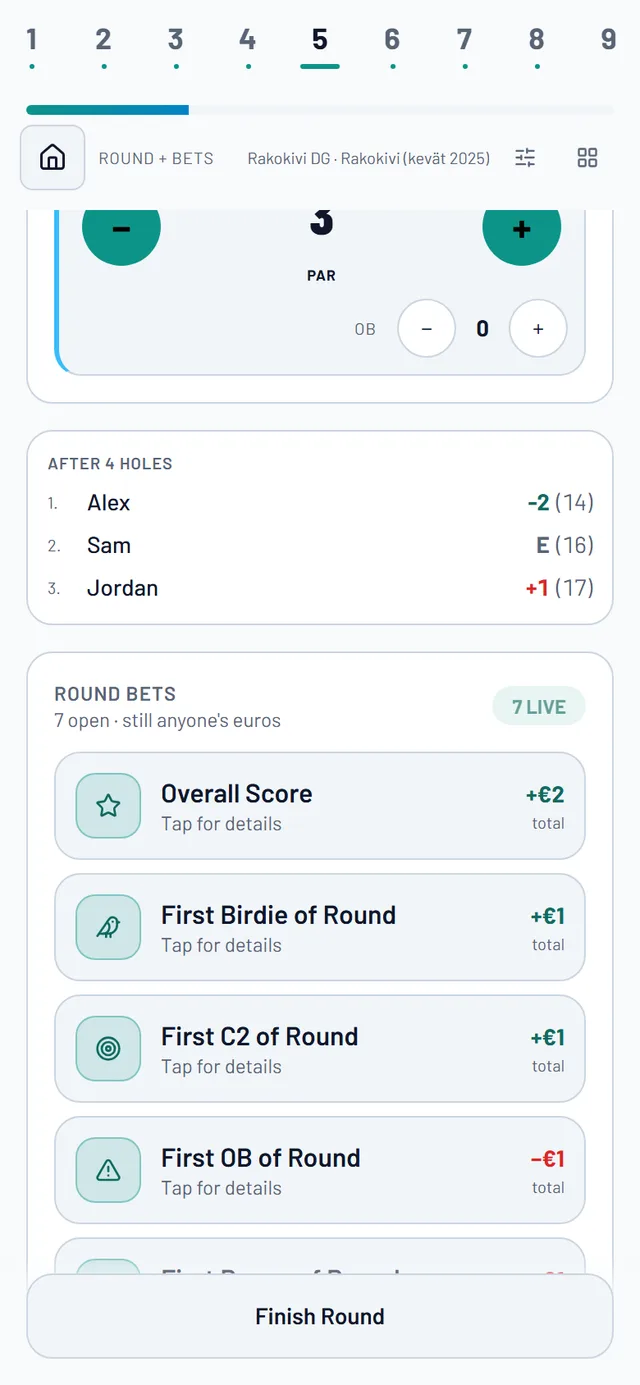 The side-bets panel mid-round with seven live round bets — overall score, first birdie, first C2, first OB and more — plus the running standings