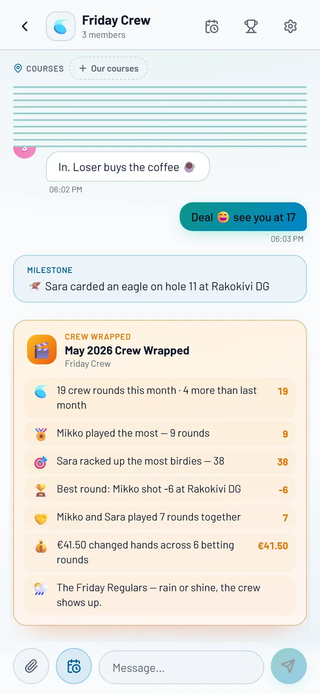 A group chat with messages, an eagle milestone, and a monthly Crew Wrapped card summarising the crew's rounds, top players and money flow