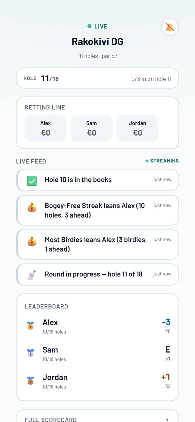 Spectator view of a live round — a streaming event feed of bets and birdies plus a live leaderboard of the players
